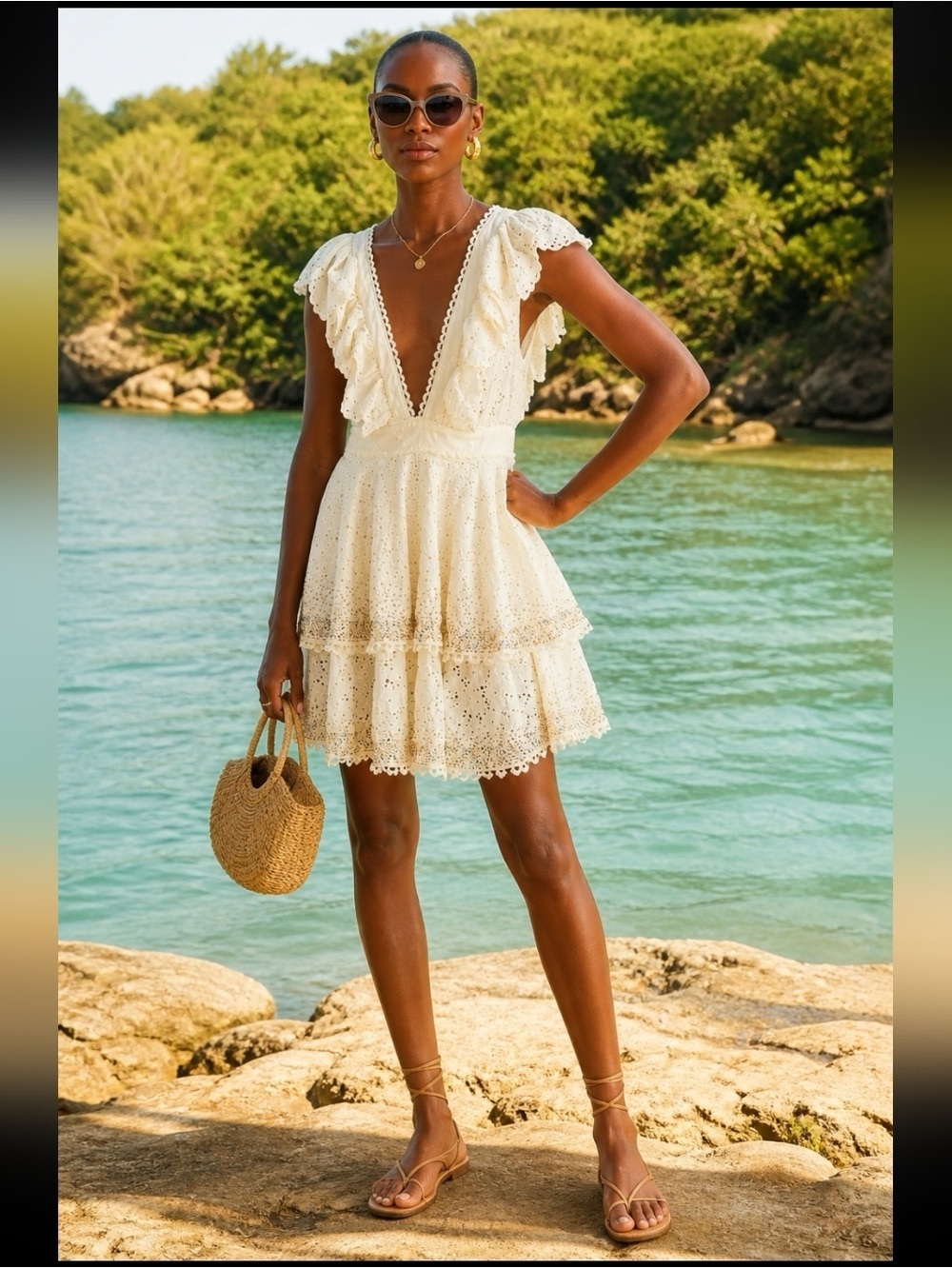 FARM Rio Ivory Eyelet Ruffle Tiered Dress